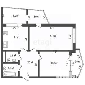 2-к квартира, вторичка, 55м2, 2/9 этаж