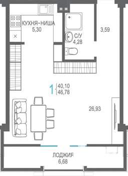 1-к квартира, строящийся дом, 47м2, 5/7 этаж