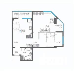 2-к квартира, вторичка, 64м2, 13/17 этаж