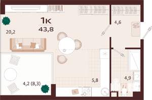 1-к квартира, строящийся дом, 44м2, 2/7 этаж