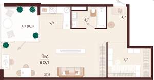 1-к квартира, строящийся дом, 60м2, 5/7 этаж