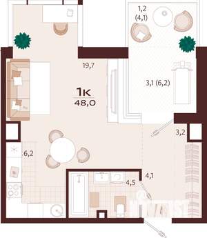 1-к квартира, строящийся дом, 48м2, 3/9 этаж