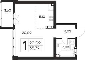 1-к квартира, строящийся дом, 36м2, 3/19 этаж