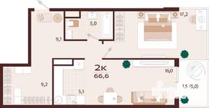 2-к квартира, строящийся дом, 67м2, 6/7 этаж