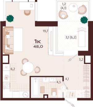 1-к квартира, строящийся дом, 42м2, 6/9 этаж