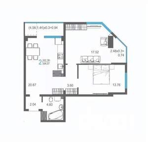 2-к квартира, строящийся дом, 64м2, 13/17 этаж