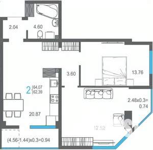 2-к квартира, строящийся дом, 64м2, 15/17 этаж