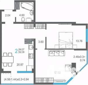 2-к квартира, строящийся дом, 64м2, 15/17 этаж