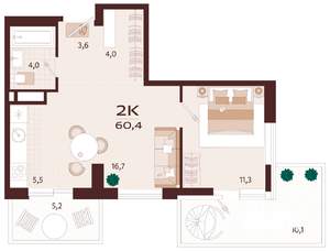 2-к квартира, вторичка, 60м2, 8/9 этаж