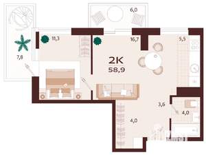 2-к квартира, вторичка, 59м2, 8/9 этаж