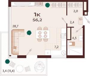 1-к квартира, строящийся дом, 56м2, 4/7 этаж