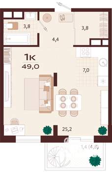 1-к квартира, строящийся дом, 49м2, 8/8 этаж
