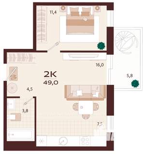 2-к квартира, вторичка, 49м2, 7/9 этаж