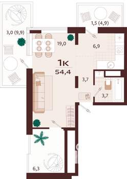 1-к квартира, строящийся дом, 54м2, 2/8 этаж