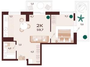 2-к квартира, вторичка, 60м2, 6/9 этаж