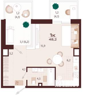 1-к квартира, строящийся дом, 48м2, 9/9 этаж