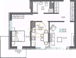 2-к квартира, вторичка, 63м2, 12/17 этаж