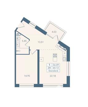 1-к квартира, вторичка, 60м2, 3/8 этаж