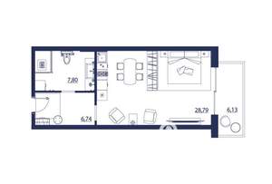 Студия квартира, вторичка, 49м2, 6/8 этаж