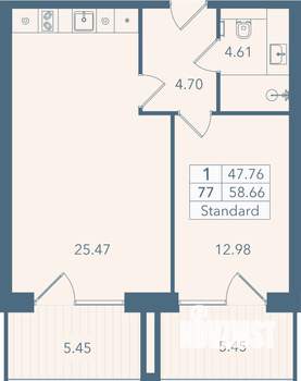 1-к квартира, строящийся дом, 59м2, 4/8 этаж