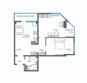 2-к квартира, вторичка, 64м2, 12/17 этаж