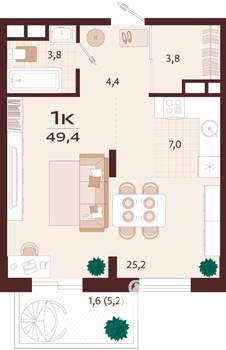 1-к квартира, вторичка, 49м2, 9/9 этаж