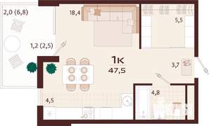 1-к квартира, строящийся дом, 48м2, 5/7 этаж