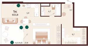 1-к квартира, вторичка, 61м2, 4/9 этаж