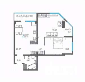 2-к квартира, вторичка, 64м2, 12/17 этаж