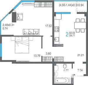 2-к квартира, строящийся дом, 64м2, 13/17 этаж