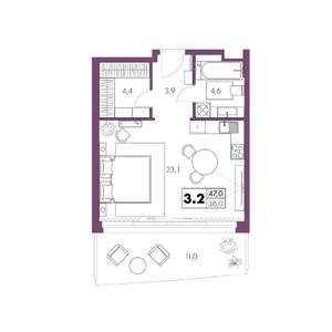 1-к квартира, строящийся дом, 47м2, 3/6 этаж