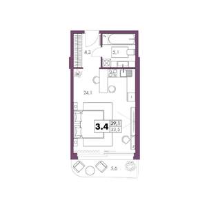 1-к квартира, строящийся дом, 39м2, 3/6 этаж