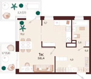 1-к квартира, строящийся дом, 58м2, 3/9 этаж