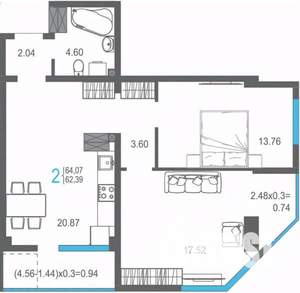 2-к квартира, вторичка, 64м2, 15/17 этаж
