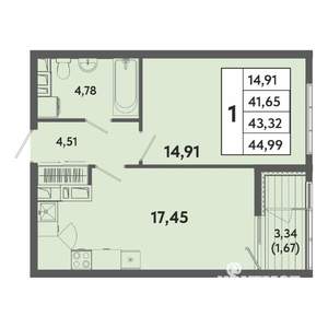 1-к квартира, вторичка, 43м2, 3/20 этаж