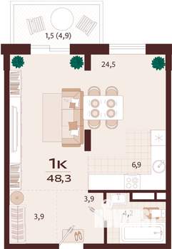 1-к квартира, строящийся дом, 48м2, 4/8 этаж