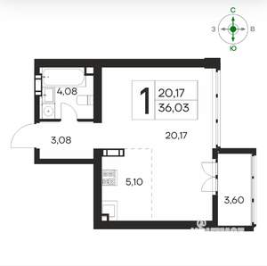 1-к квартира, вторичка, 36м2, 6/20 этаж