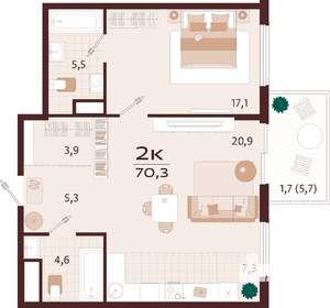 2-к квартира, строящийся дом, 70м2, 3/7 этаж