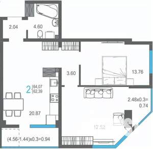 2-к квартира, строящийся дом, 64м2, 14/17 этаж