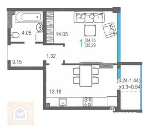 1-к квартира, вторичка, 36м2, 6/15 этаж