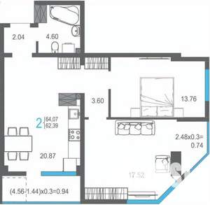 2-к квартира, строящийся дом, 64м2, 12/17 этаж