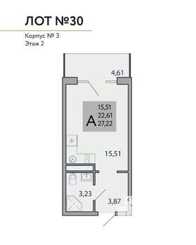 1-к квартира, строящийся дом, 27м2, 2/3 этаж