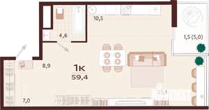 1-к квартира, вторичка, 59м2, 7/7 этаж