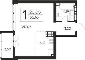1-к квартира, строящийся дом, 36м2, 17/19 этаж
