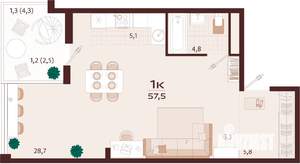 1-к квартира, вторичка, 58м2, 5/9 этаж