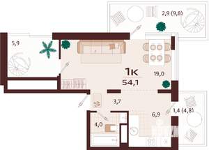 1-к квартира, вторичка, 54м2, 2/9 этаж