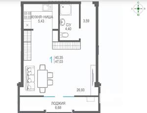 1-к квартира, вторичка, 47м2, 4/7 этаж