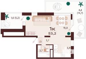 1-к квартира, вторичка, 53м2, 3/9 этаж