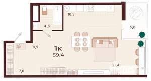 1-к квартира, вторичка, 59м2, 9/9 этаж
