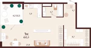 1-к квартира, вторичка, 60м2, 3/7 этаж